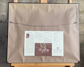 “Prairie Knights”, a signed limited edition lithograph by listed artist, Howard Terpning. Edition 315/1000, signed in pencil circa 1991, professionally framed, and accompanied with a certificate of authenticity on the verso. This lithograph measures in frame, 21” H x 25” W.
