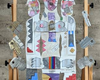 “Triplex”, an original mixed media work of art by listed artist, Norman Laliberté. This piece measures, 31” H X 24” W. Signed and titled on the verso with number, 764. Artist Norman Laliberte was born in 1925 of French-Canadian parents in Worcester, Massachusetts. He was trained in Canada at the Montreal Museum of Fine Arts and late studied at the Institute of Design at Illinois Institute of Technology in Chicago where he earned a B.S. and M.S in Art Education. Following a Fellowship from Cranbrook Academy of Arts, he studied printmaking at the Guilde Graphique in Montreal and at the Atelier Mourlot in Paris. His academic appointments include the Kansas City Art Institute, Notre Dame, St. Mary’s College, and the Rhode Island School of Design and numerous guest seminars and workshops.
