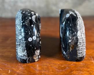 This lot features a pair of polished black marble Orthoceras fossil bookends. Each one measures, 4.5” H x 6” W x 3” D.
