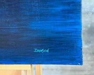 "Rhythm and Blues", an original acrylic painting on canvas by listed artist, Sheryl Dawson. Signed lower right and titled on the verso as shown in photos. This work of art measures, 23.5” H x 36” W. Dawson lives in Salem, Oregon and is a former attorney who took on art full time back in 1998. 
