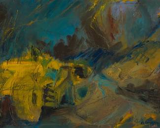 1054
Alex Vilumsons
(1911-1995)
"Tractor"
Oil on canvas
Signed lower right: A Vilumsons; titled in ink on the artist's business card affixed verso
17" H x 22.75" W
Estimate: $1,000 - $1,500
