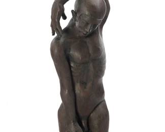 1069
Ramón Conde
(b. 1951)
Male figure, 2003
Patinated bronze on a copper base
Signed and dated to base: Ramon / P.U.
Overall: 67" H x 21.5" W x 20.75" D
Estimate: $3,000 - $5,000