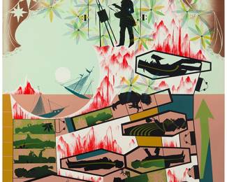 1024
Lari Pittman
(b. 1952)
"This Landscape, Beloved and Despised, Continues Regardless," 1989
Lithograph and screenprint in colors on wove paper
A bon à tirer impression, aside from the edition of 45
Signed, dated, and inscribed in pencil along the lower edge: Lari Pittman 1989 / B.A.T.; Cirrus Editions, Los Angeles, CA, pub., with their blindstamp in the lower left sheet corner; with the Cirrus Editions copyright ink stamp and pencil work number, 436c-LP89, both verso
Image/Sheet: 44" H x 38" W
Estimate: $1,000 - $1,500