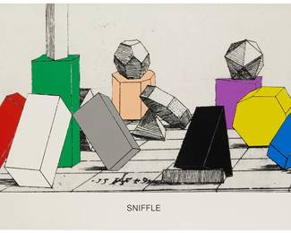 1081
John Baldessari
(1931-2020)
"Engravings with Sounds: Sniffle," 2015
Archival inkjet print in colors on ultra smooth fine art paper
Edition: 44/50
Signed, dated, and numbered in pencil along the lower edge: Baldessari 15; Cirrus Editions, Los Angeles, pub., with their blindstamp in the lower left sheet corner; with the Cirrus Editions copyright ink stamp and pencil work number, 698c-JB15, both verso
Image/Sheet: 44" H x 70.5" W
Estimate: $4,000 - $6,000