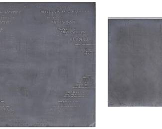 1122
Babak Emanuel
(b. 1966)
"Energies of the Cosmos..." (diptych)
Each: Embossed lead sheeting over panel
Each unsigned; titled by repute
Largest: 36.25" H x 36.125" W x 4.25" D; Smallest: 25.625" H x 25.625" W x 4.25" D
Estimate: $1,000 - $1,500