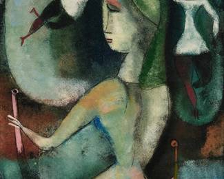 1102
Polia Pillin (1909-1992)
A figurative pottery plaque, mid-20th century
Signed at lower right: Polia Pillin
The glazed polychrome ceramic plaque depicting three figures
Sight: 14.25" H x 10.25" W
Estimate: $3,000 - $5,000