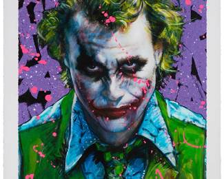 1013
Olivia de Berardinis
(b. 1948)
"Why So Serious," 2018
Giclée in colors, diamond dust, and mixed media on paper
Edition: 25/99 (there were also 9 artist's proofs and 9 printer's proofs), publihsed in 2020
Signed and numbered in pencil, and with the artist's signature blindstamp, all in the lower margin, at right: Olivia de Berardinis; Ozone Productions, Ltd. at The Olivia Studio and Modern Multiples, prntr., with their blindstamp in the lower margin, at left; published n collaboration with Slide Show Collectibles, with their blindstamp and copyright statement in the lower margin, at center
Image: 37" H x 25" W; Sheet: 40" H x 28.5" W
Estimate: $1,000 - $2,000