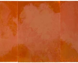 1136
Joe Goode
(b. 1937)
Untitled (triptych), 1983
Lithograph in colors on three sheets of wove paper, watermark Arches
A bon à tirer impression, aside from the edition of 25
Signed, dated, and inscribed in pencil along the lower edge of the three adjoining sheets: Joe Goode / 1983 / BAT; Cirrus Editions, Los Angeles, CA, pub., with their blindstamp in the lower left corner of the leftmost sheet, and with the pencil work number, 340c-JG83, on the verso of that same sheet; the Cirrus Editions copyright ink stamp on the verso of the lower left sheet corner of the rightmost sheet
Overall: 41.125" H x 73" W
Estimate: $3,000 - $5,000