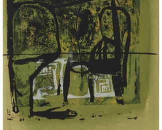 1107
Peter Lanyon
(1918-1964)
"In the Trees," 1951
Screenprint in colors on paper
Edition: 5/8
Signed, dated, and numbered in pencil, lower left: Peter Lanyon 51
Image/Sheet: 10" H x 9.5" W
Estimate: $1,200 - $1,800