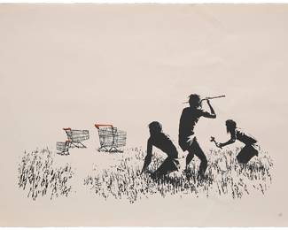 1095
Banksy
(b. 1974)
"Trolleys," 2006
Screenprint in colors on Arches wove paper
Edition: 267/500
Unsigned; numbered in pencil in the lower right margin corner; Pictures on Walls Printmaking, London, pub., with their blindstamp in the lower right margin corner; two unidentified blindstamps in the lower left margin corner (one circular and the other more figurative)
Image: 11" H x 26" W (irreg); Sheet: 22.5" H x 30" W
Estimate: $7,000 - $10,000