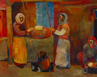 1059
Minas Avetisyan
(1928-1975)
"Beating Butter," 1972
Oil on canvas
Signed in Armenian and dated lower left: Minas 72; titled in Cyrillic on the certificate of authenticity
20" H x 39.5" W
Estimate: $7,000 - $9,000