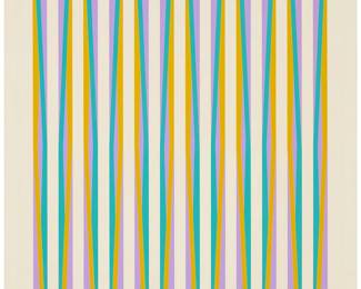1035
Bridget Riley
(b. 1931)
"Print for Chicago 8," from "Conspiracy: The Artist as Witness" portfolio, 1971
Screenprint in colors on Arches paper
Edition: 102/150 (there were also 15 artist proofs)
Signed, dated, and numbered in pencil in the lower margin, at left: Bridget Riley '71; Kelpra Studio, London, prntr., and with their ink stamp, verso; David R. Godine Publishers and the Center for Constitutional Rights, New York, pub.
Image: 20.375" H x 15" W; Sheet: 24" H x 18" W
Estimate: $8,000 - $12,000