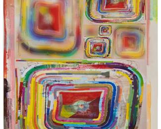 1118
Franklin Evans
(b. 1967)
Multi-color abstract
Offset lithograph in colors with heavy mixed media embellishments on paper
Appears unsigned; with a typed letter signed in pencil by the artist attached to the frame's backing paper
Image/Sheet: 17" H x 13.5" W (or reverse)
Estimate: $600 - $800