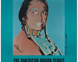 1034
After Andy Warhol
(1928-1987)
"The American Indian Series" poster for Ace Gallery, 1976
Offset lithograph in colors on paper mounted to paperboard
From the edition of unknown size
Signed in black marker just outside the lower right edge of the image: Andy Warhol; additionally signed by Russell Means in black marker in the lower left image corner: R. Means
Sheet: 49" H x 34" W
Estimate: $3,000 - $5,000