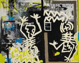 1009
Danny Minnick
(b. 1973)
"2 Nights in the Tombs," 2015
Acrylic and mixed media on canvas
With the incised signature, date, and inscription, lower right: Danny Minnick / #NYC15; titled on the certificate of authenticity
60" H x 72" W
Estimate: $3,000 - $5,000
