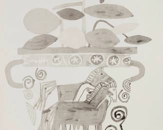 1086
Jonas Wood
(b. 1977)
Untitled, 2010
Lithographic monoprint on wove paper
Number XV from a series of 15 unique monoprints
Signed, dated, and numbered in Roman numerals, all in pencil and in the lower margin: JBRW 2010 / XV; Cirrus Editions, Los Angeles, CA, pub., with their blindstamp in the lower left margin corner; with the Cirrus Editions copyright ink stamp and pencil work number, 662c-JW10, both verso
Image: 40" H x 32" W (irreg.); Sheet: 44" H x 35" W
Estimate: $7,000 - $9,000