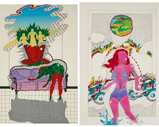 1014
Michael Peters (b. 1943)
Two works:

A woman cleaning a couch, 1970
Lithograph in colors on wove paper
A bon à tirer impression, aside from the edition of unknown size
Signed, dated, and inscribed in pencil along the lower edge: Michael Peters / BAT; Cirrus Editions, Los Angeles, CA, pub., with their blindstamp in the lower left sheet corner
Image/Sheet: 29.5" H x 20" W

Female motorcyclist
Mixed media on Strathmore paper
Unsigned
Image/Sheet: 30" H x 20.125" W
Estimate: $1,000 - $1,500