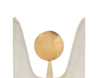 1099
Attributed to Charles Simmons
(1939-2020)
Untitled, perspective, 1999
Concrete and copper in two parts
Unmarked
Foreground component: 39" H x 33.5" W x 6.25" D; Background pedestal: 52.5" H x 17.25" W x 15.625" D; Circle: 20.25" Dia. x 1.75" D
Estimate: $800 - $1,200