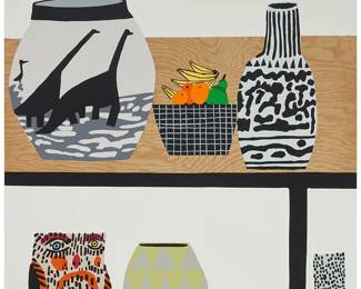 1085
Jonas Wood
(b. 1977)
"Shelf Still Life," 2018
Lithograph and screenprint in colors on thick wove paper
Edition: 4/80 (there were also 20 artist's proofs)
Signed, dated, and numbered in reddish-brown pencil in the lower edge, at left: JBRW 2018; Cirrus Editions and WKS Editions, Los Angeles, CA, co-publishers, with the Cirrus Editions blindstamp in the lower left sheet corner; with the Cirrus Editions copyright ink stamp and pencil work number, 718c-JW18, both verso
Image/Sheet: 32" H x 26" W
Estimate: $7,000 - $9,000
