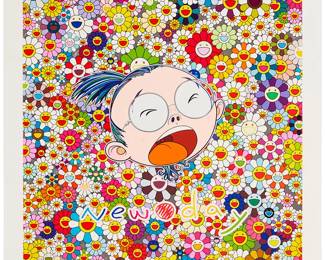 1003
Takashi Murakami
(b. 1962)
"New Day: Self Portrait," 2011
Screenprint in colors on wove paper
Edition: 68/100
Signed, dated, and numbered in pencil in the lower margin, at right: Takashi Murakami 2011; Kaikai Kiki Co., Ltd., Tokyo, Japan, pub.
Image: 27.5" H x 27.5" W; Sheet: 31.375" H x 31.375" W
Estimate: $1,500 - $2,500