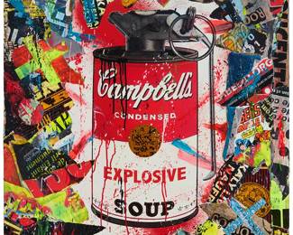 1011
Aiiroh
(b. 1987)
"Street'Com Explosive Rouge," 2015
Acrylic and mixed media with paper collage, including poster and comic book collage, on aluminum
Signed, dated, and inscribed, all verso: AÏROH / 2015 P.U; titled by repute
59" H x 39.5" W
Estimate: $2,000 - $3,000