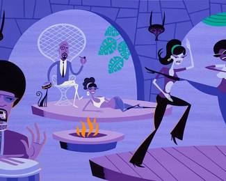 1116
Josh Agle (aka SHAG)
(b. 1962)
"Into His Dark Heart," 2003
Acrylic and vinyl paint on board
Signed lower right: SHAG; signed again, titled, dated, and with the artist's copyright, all in pencil, verso: © 2003 Josh Angle / SHAG; titled again, "Into His Heart," on a label affixed to the frame's backing paper
24" H x 38" W
Estimate: $6,000 - $8,000