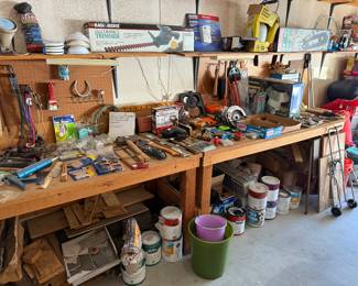 Tools, hardware and paint.  Tile and wood. 