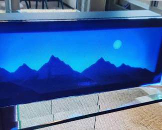 Chrome Erosion Glass Art, Vicki Leone. “Mountains” with light box.