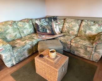 Tropical Print Sectional Sofa....very comfy!  Wicker Chest.  Ottoman.  Pineapple Court Tapestry by Fronckowiak