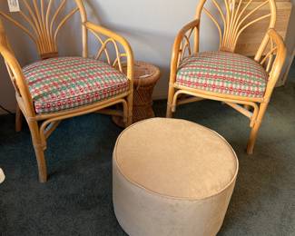 Bent wood chairs, wicker table and World Market Ottoman. 