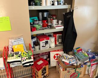 Illy Espresso Maker, Many other coffee makers, mugs and accessories.  Illy mug and saucer set.   Keurig, Cuisinart  and Melitta Coffee makers. Rolling Kitchen carts, paper products.
