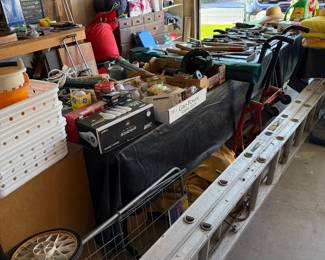 Garage items including tools, gardening tools, extending ladder, camping equipment, cat litter, Tile and wood, paint and hardware, car/auto care. 
