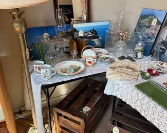 Wine Crates, Oil Lamp, Wall Mirror.  Beautiful ceramics, glassware and photos. 