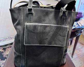 Black Textured Leather Tote Bag with Front Flap Pocket