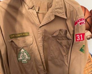 Vintage Boy Scouts uniforms and patches from Owasippe Lodge and Cahokia Chapter  from 1960s neckerchiefs, vest and green garrison caps and pants and shirts