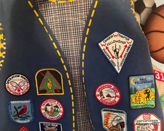 Vintage Boy Scouts uniforms and patches from Owasippe Lodge and Cahokia Chapter  from 1960s neckerchiefs, vest and green garrison caps and pants and shirts