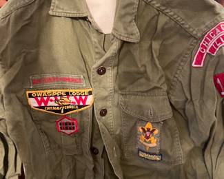Vintage Boy Scouts uniforms and patches from Owasippe Lodge and Cahokia Chapter  from 1960s neckerchiefs, vest and green garrison caps and pants and shirts