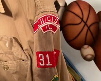 Vintage Boy Scouts uniforms and patches from Owasippe Lodge and Cahokia Chapter  from 1960s neckerchiefs, vest and green garrison caps and pants and shirts