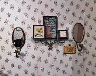 Vintage Wall Decor Lot – Brass Oval Mirrors w/ Candle Holders, Glass Shelf, Framed Embroidery Art & Inspirational Plaques
