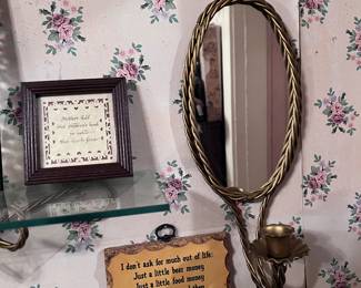 Vintage Wall Decor Lot – Brass Oval Mirrors w/ Candle Holders, Glass Shelf, Framed Embroidery Art & Inspirational Plaques