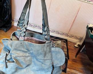 Light Blue Faux Leather Tote Bag with Braided Handles & Side Pocket
