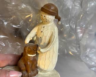 Hand carved vintage snowman with dog