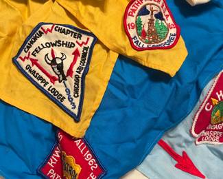 Vintage Boy Scouts uniforms and patches from Owasippe Lodge and Cahokia Chapter  from 1960s neckerchiefs, vest and green garrison caps