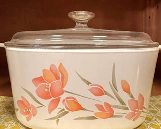 Corning Ware Casserole Dish with Peach Floral Pattern