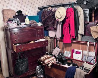 Room full of women's clothing, charming vintage furniture finds, furs, coats, bags, shoes, size 7, and so much more
 