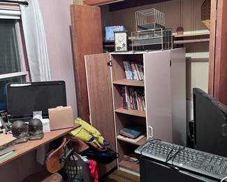 Home Office Lot – Desk, Vintage Chair, Bookshelves, Artwork, Craft Supplies & Storage Bins + more
