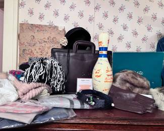 Vintage Estate Lot – Designer Leather Bag, Fur Hats, Scarves, Knitwear, Gloves, Signed Bowling Pin, and Accessories
