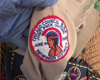 Vintage Boy Scouts uniforms and patches from Owasippe Lodge and Cahokia Chapter  from 1960s neckerchiefs, vest and green garrison caps and pants and shirts