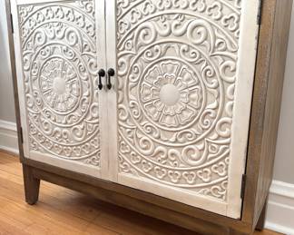 Boho Chic Storage Cabinet – Intricate Carved Doors, Wood Accent Furniture
