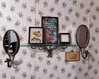 Vintage Wall Decor Lot – Brass Oval Mirrors w/ Candle Holders, Glass Shelf, Framed Embroidery Art & Inspirational Plaques